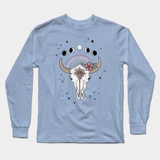 Boho Tribal Cow Skull with Flowers - dusty mint green Long Sleeve T-Shirt